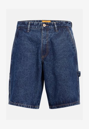 Dunkelblaue Jeansshorts mit Knopfverschluss, Gürtelschlaufen, Seitentaschen und einer kleinen Schlaufe am rechten Oberschenkel, dargestellt auf weißem Hintergrund.