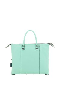 Borsa a mano in pelle verde menta con due manici superiori, dettagli in argento, chiusura con zip e base piatta con quattro piedini protettivi.