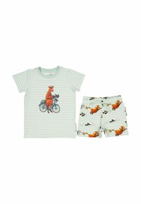 Barnens kortärmade set med en mintgrön randig tröja med en grafik av en cyklande ko och matchande shorts med ko-mönster.