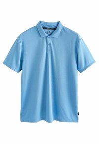 Hellblaues Polohemd aus strukturiertem Material mit kurzen Ärmeln, einem Kragen und einer Knopfleiste mit drei Knöpfen. Keine Muster oder Akzente sichtbar.