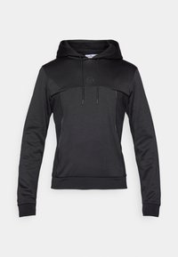 Schwarzer Kapuzenpullover mit einer vorderen Kängurutasche, Zugband, strukturiertem Einsatz und subtiler Logo-Platzierung auf der Brust. Verfügt über kontrastierende Nähte.