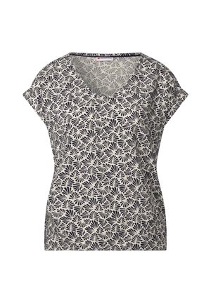 Marineblaues und cremfarbenes T-Shirt mit kurzen Ärmeln und V-Ausschnitt, das ein florales Muster aus sich überlappenden Blättern zeigt. Weicher Stoff mit lockerer Passform.