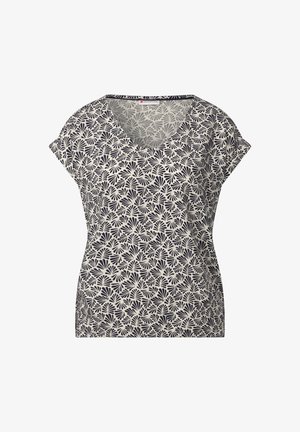 Marinblå och krämfärgad kortärmad topp med V-ringning, med ett blommönster av överlappande blad. Mjuk tyg med en avslappnad passform.