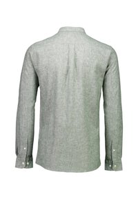 Lichtgrijs overhemd met lange mouwen, gemaakt van linnen, met een knopenkraag, een enkele rugplooidetail en manchetknopen. Subtiele textuur in het hele shirt.