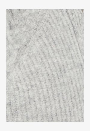 Grijze gebreide stof met een textuur en geribbelpatroon. Het materiaal lijkt zacht en pluizig en vertoont subtiele variaties in schaduw.