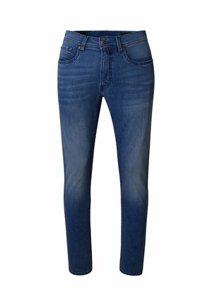 Jean en denim bleu avec bouton frontal, fermeture éclair et design à cinq poches, présentant une légère décoloration au niveau des cuisses et des genoux.