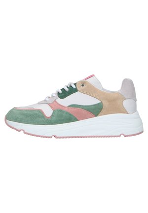 Sneakers featuring a white base with green, pink, and beige suede accents. Rounded toe, lace-up design, and a thick white outsole.