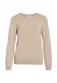 Beige rundhalsstickad tröja med långa ärmar och ribbade mudd och nederkant, visad på en vit bakgrund.