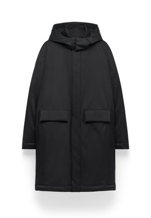 Zwarte gewatteerde parka met een rechte snit, voorzien van twee voorzakken, een gladde textuur en een gedeeltelijk ritsbare sluiting aan de voorkant.
