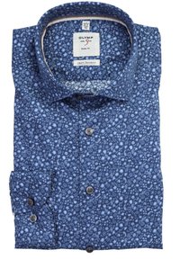 Camicia da uomo slim-fit blu con piccolo motivo floreale e paisley, polsini con bottoni e colletto classico, taglia 40 (15.3/4).