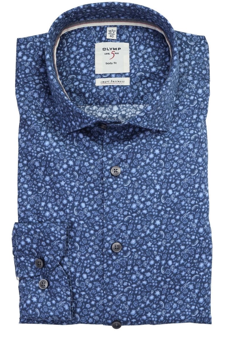 Camicia da uomo slim-fit blu con piccolo motivo floreale e paisley, polsini con bottoni e colletto classico, taglia 40 (15.3/4).