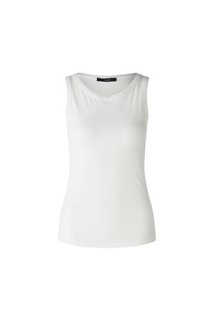 White ribbed tank top with a round neckline and wide shoulder straps. Soft texture and fitted silhouette, designed for comfort and casual wear.