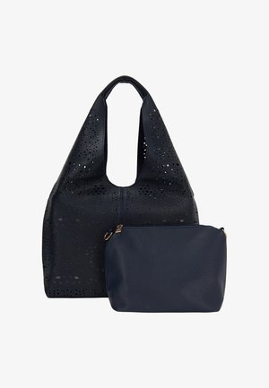 Navy blue perforated leather tote bag with wide handles, accompanied by a matching zippered pouch with a smooth texture and rounded shape.