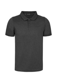 Polo de manga corta en gris oscuro, hecho de tejido texturizado, con tapeta de tres botones, cuello acanalado y detalle sutil del logotipo.