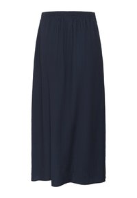 Jupe bleu marine, jusqu'aux genoux, fabriquée en tissu texturé avec une taille élastique, présentant une coupe droite et des plis subtils pour un joli tombé.