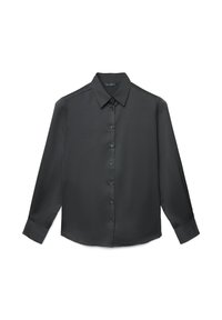 Schwarze langärmelige Bluse mit Knöpfen, spitzem Kragen und geknöpften Manschetten, flach auf weißem Hintergrund liegend.