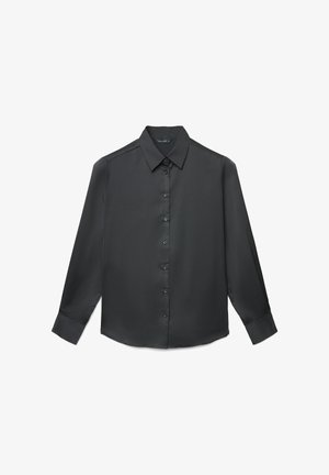 Black long-sleeve button-up blouse with pointed collar and buttoned cuffs, laid flat on a white background.