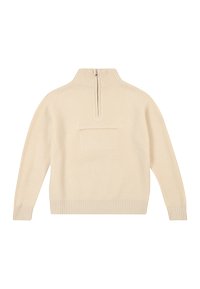 Maglione a coste color crema con colletto alto, chiusura a mezza zip e tasca a toppa frontale. Rifinito con polsini e orlo a coste.