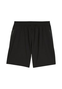 Schwarze Sportshorts mit einem elastischen Bund, ausgestattet mit Netzseitenpaneelen für Atmungsaktivität und einem glatten, strukturierten Stoff.