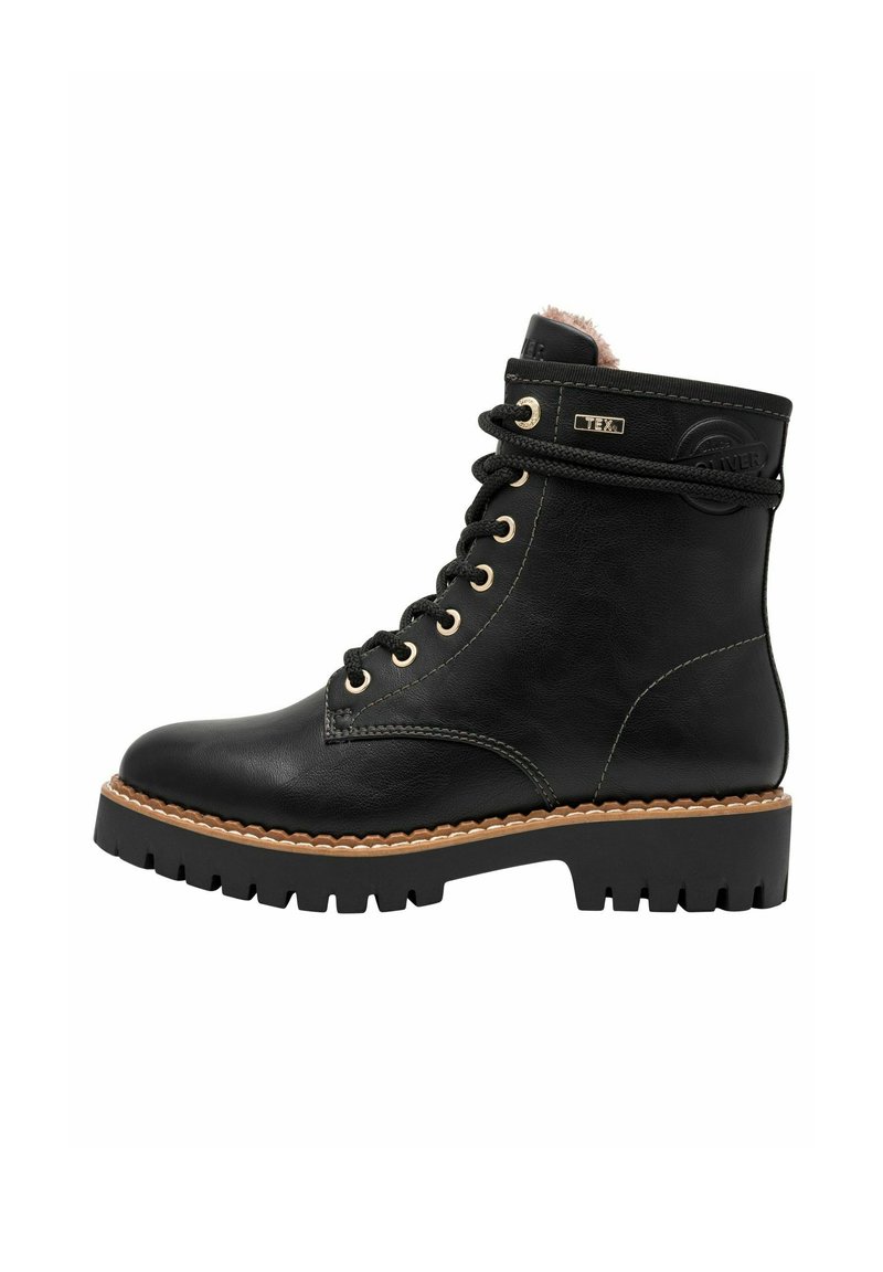 Botte de cheville en cuir noir à lacets avec semelle à épaisseur importante, couture beige, et col rembourré avec doublure douce à l'intérieur.
