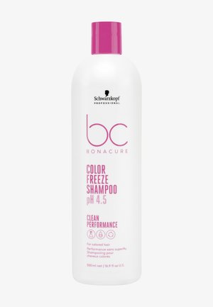 Schwarzkopf BC Bonacure Color Freeze Shampoo-Flasche, weiß mit pinkem Deckel und Text, 500 ml für coloriertes Haar, pH 4,5 Formel.