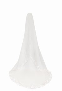 Velo da sposa bianco in pizzo con ricami floreali lungo i bordi, caratterizzato da un design lungo e fluente e una texture delicata e trasparente.