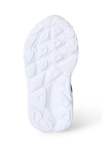 Weiße Sportschuhsohle mit strukturierten Griffmustern, die geometrische Formen und Rillen für Traktion und Flexibilität aufweist.