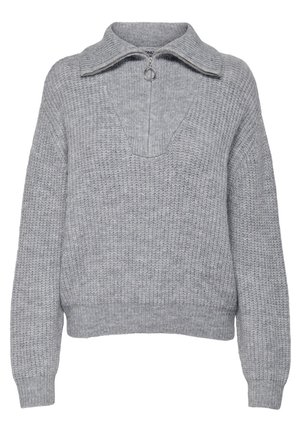 Pull en maille gris clair avec manches longues, poignets et ourlet côtelés, un col large et une fermeture éclair devant avec une tirette en forme d’anneau.
