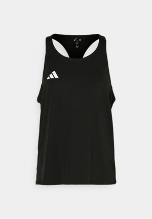 Svart athletic tank topp med rund hals og åpen ryggdesign. Har en hvit Adidas-logo på venstre brystområde. Myk, lett stoff.