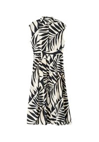 Robe midi sans manches avec col, motif feuilles tropicales noir et blanc et boutons sur le devant, avec ceinture assortie en tissu à la taille.