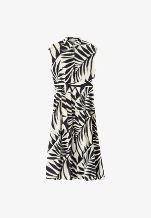 Robe midi sans manches avec col, motif feuilles tropicales noir et blanc et boutons sur le devant, avec ceinture assortie en tissu à la taille.