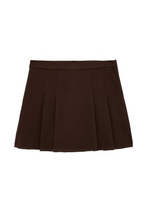 Mørkebrun plisseret nederdel med en linning, knælængde, lavet af glat stof, vist mod en ensfarvet hvid baggrund.