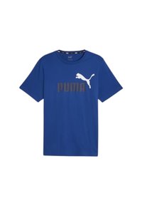 Blauwe katoenen T-shirt met een wit Puma-logo en grijze letters. Korte mouwen, ronde hals, zachte textuur en casual pasvorm.