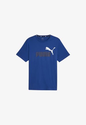 Blue cotton T-shirt featuring a white Puma logo and gray lettering. Short sleeves, round neck, smooth texture, and casual fit.