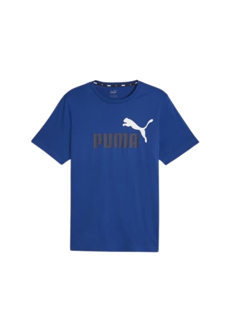 Blauwe katoenen T-shirt met een wit Puma-logo en grijze letters. Korte mouwen, ronde hals, zachte textuur en casual pasvorm.