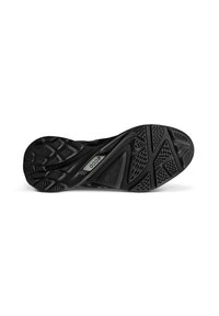 Black sneaker sole with textured rubber, featuring a patterned grip and a prominent logo. Designed for traction and stability in footwear.