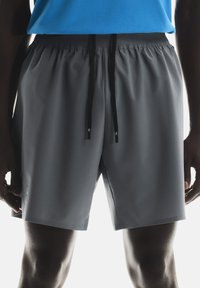 Shorts de sport gris avec une taille élastique et un cordon de serrage noir. Tissu léger, fentes sur les côtés et détails de logo sur l'ourlet.