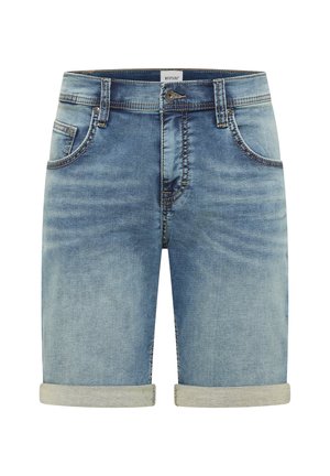Denim shorts in light blue wash with rolled hems, five pockets, and contrast stitching. Features a front button closure and belt loops.