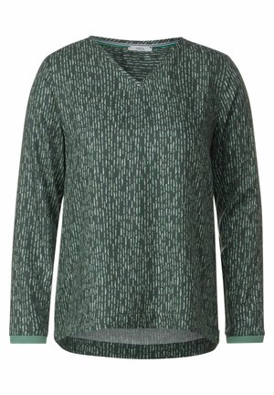 Groen langarmshirt met V-hals, voorzien van een textuurpatroon van verticale lijnen in lichtgroen op een donkergroene achtergrond.