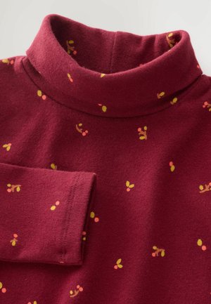 Maglione a collo alto bordeaux realizzato in materiale morbido, con un motivo sparso di piccoli accenti floreali verdi e arancioni.