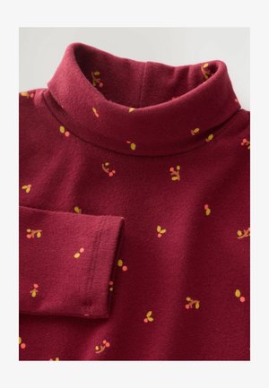 Pulover cu guler înalt burgund dintr-un material moale, cu un model dispersat de mici accente florale verzi și portocalii.