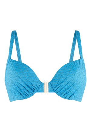 Top bikini blu con motivo testurizzato, coppe imbottite e spalline regolabili. Presenta una chiusura argentata al centro frontale.