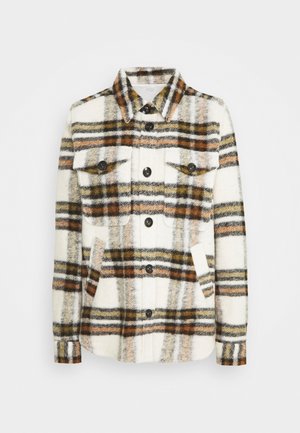 Rutigt jacka med en krämfärgad bas, som har orange, bruna och svarta ränder. Tillverkad av strukturerad tyg med fyra framfickor och knäppning med knappar.