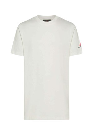 T-shirt bianca in cotone con maniche corte, scollatura rotonda e un piccolo logo rosso sulla manica sinistra. Tessuto liscio, vestibilità standard.
