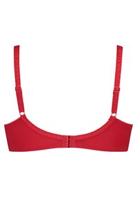 Rode beha met verstelbare bandjes, naadloze cups en een haak-en-oogsluiting. Heeft een gladde textuur en decoratieve stiksels langs de randen.