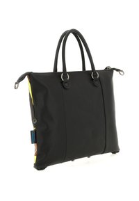 Borsa tote nera con fronte in pelle liscia, doppi manici superiori, chiusura con cerniera e pannello laterale in tessuto colorato. Dettagli hardware in argento.