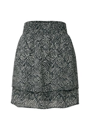 Layered skirt in black and gray with a zebra print pattern. Made from a lightweight fabric, featuring a wide waistband and slightly flared shape.