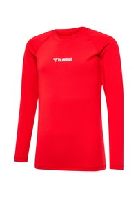 Rotes langärmliges Sportshirt mit Rundhalsausschnitt, aus glattem, dehnbarem Stoff gefertigt. Mit Hummel-Logo auf der Brust und flachen Nähten.