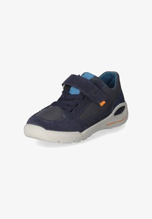 Navy blue children's sneaker with mesh and suede, Velcro strap, blue tongue, orange accent, and white rubber sole with tread pattern.