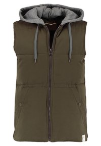 Veste sans manches matelassée vert olive avec fermeture éclair sur le devant, deux poches à boutons-pression et capuche grise attachée avec cordons.
